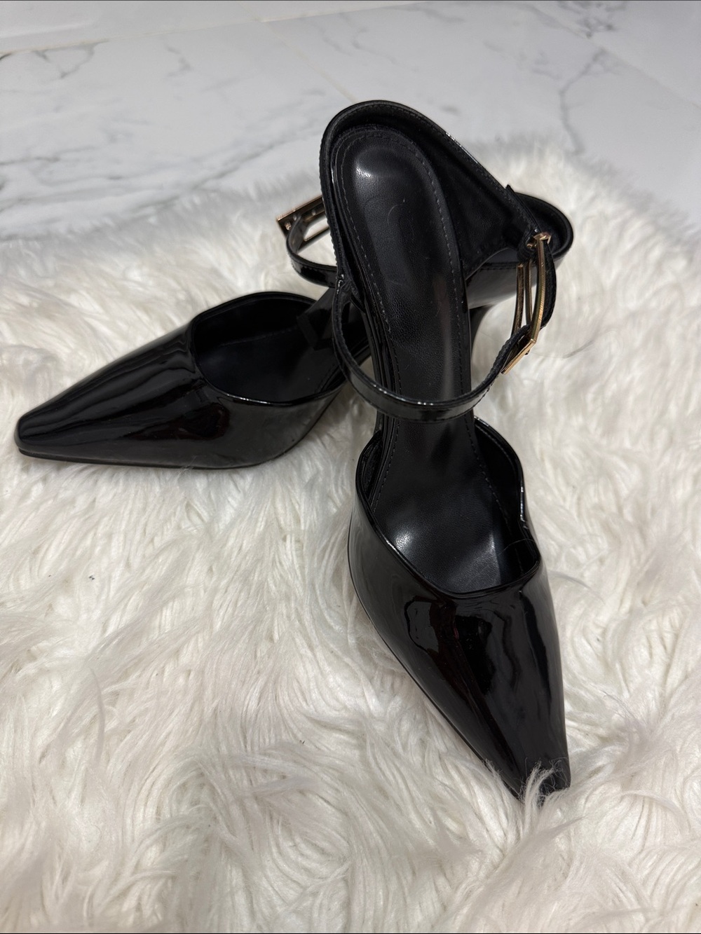 Black Patent Pointed Toe Ankle Strap Women’s Heels